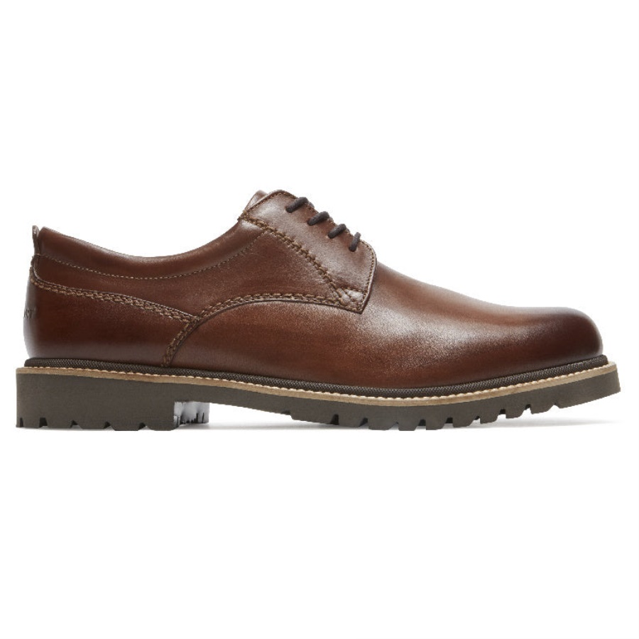 Rockport Marshall Masculino Bico Liso Oxford Couro Marrom Escuro