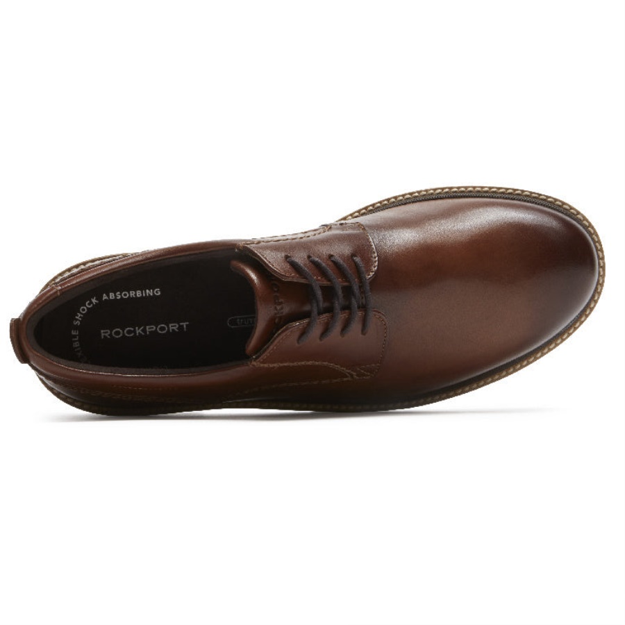 Rockport Marshall Masculino Bico Liso Oxford Couro Marrom Escuro