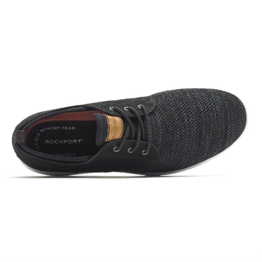 Sementes Masculinas Rockport Bico Liso Oxford Preto Malha Nobuck